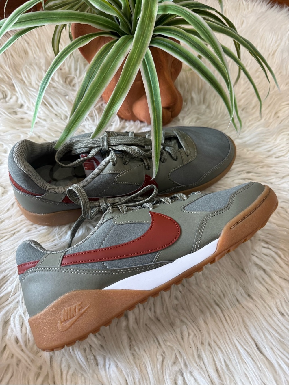 Nike Men's Olive Green Sneakers with Red Swoosh and Gum Sole